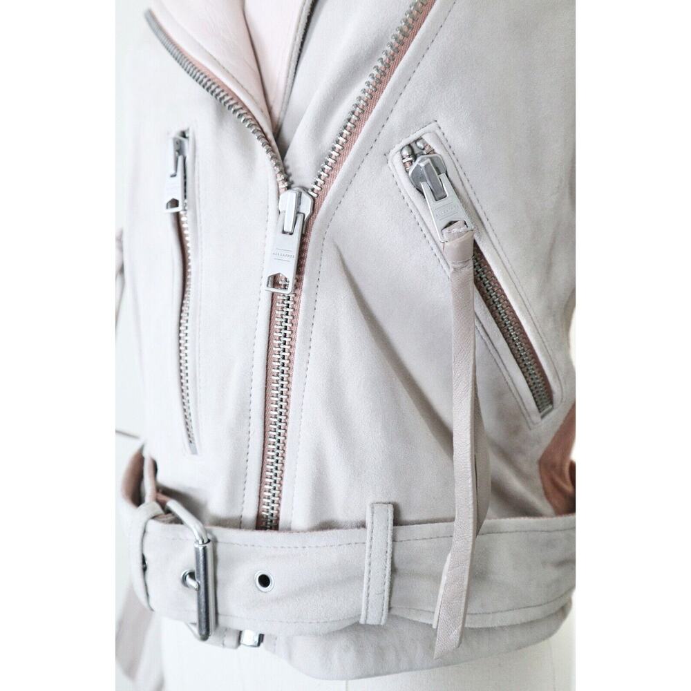 AllSaints Size 4 Balfern Biker Jacket Suede Leather Moto Cream Pink Mix - Picture 7 of 13